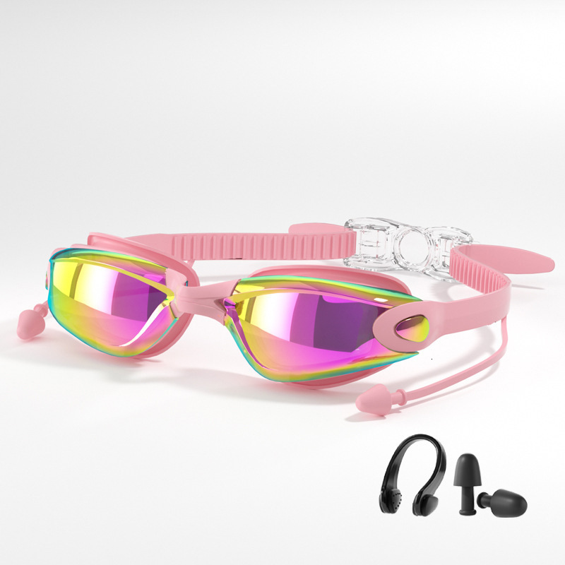 Adult Model Unisex HD Waterproof Anti-Fog Electroplated Swimming Goggles Swim Cap Nose Clip Earplugs Set