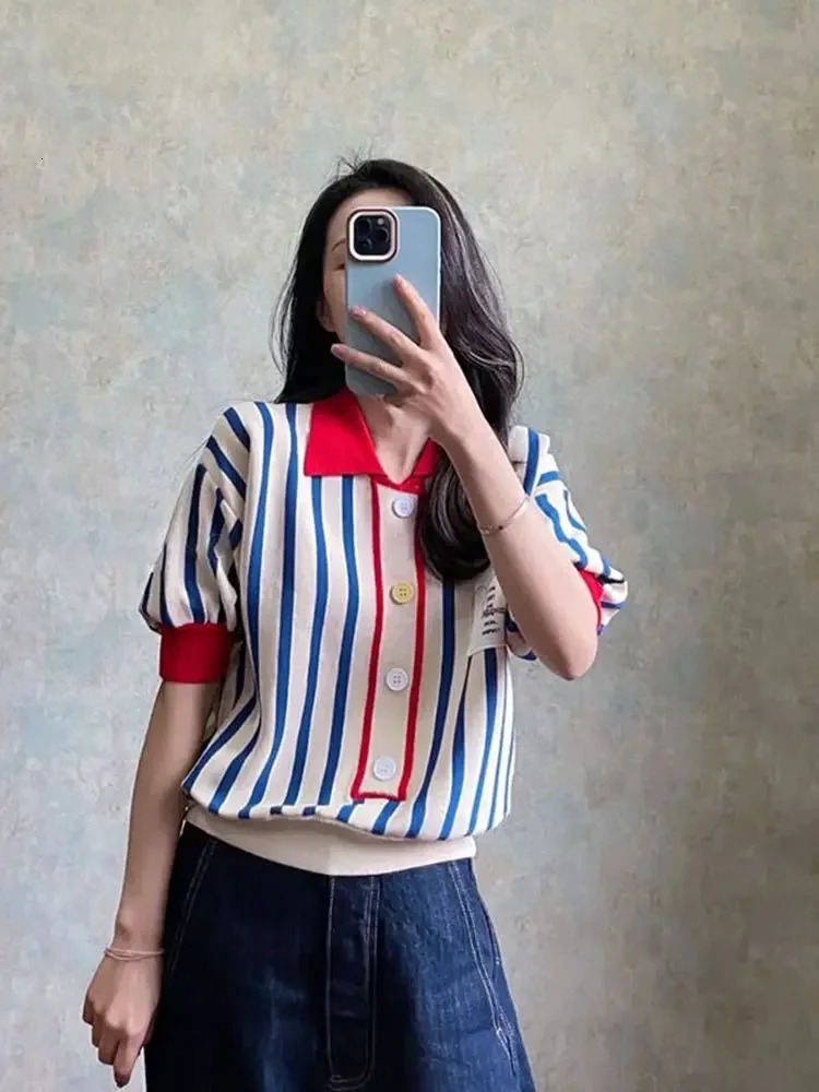 Womens Polo Shirts Striped Cute Female Tee Button Kawaii Offer Free Tshirts y Youth in Trend Clothing 250604