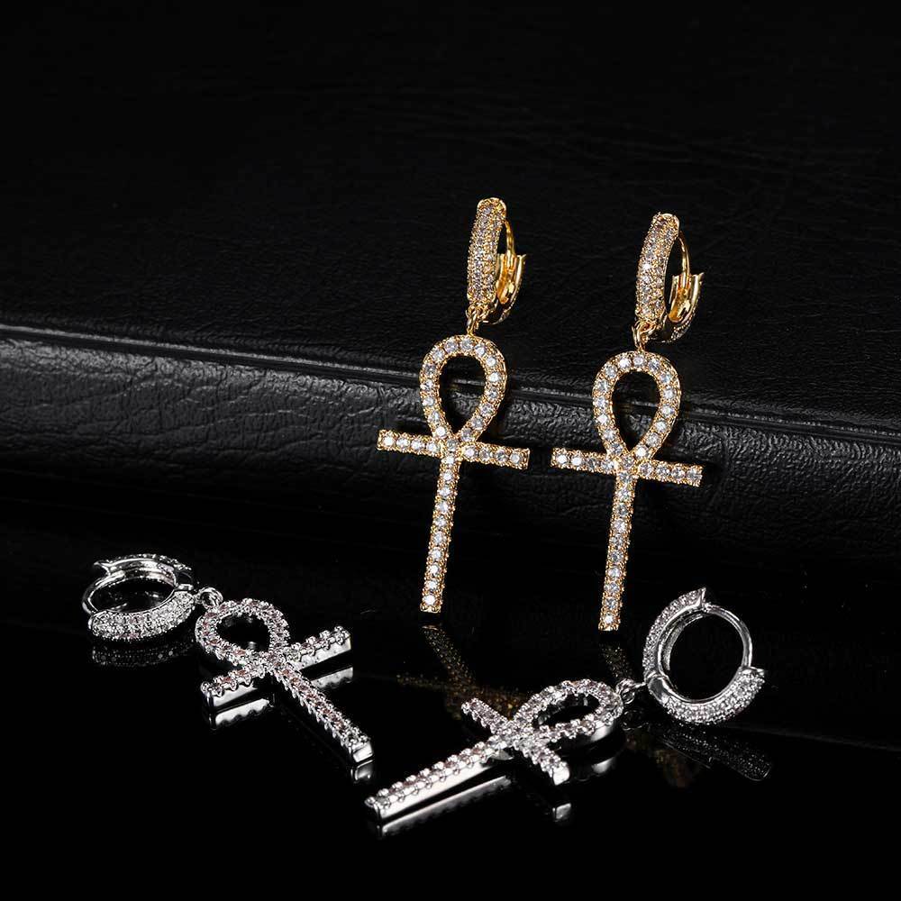 New hip hop Earrings Anhe key Cross Earrings mens and womens Micro set zircon personalized Anka Earrings moissanite