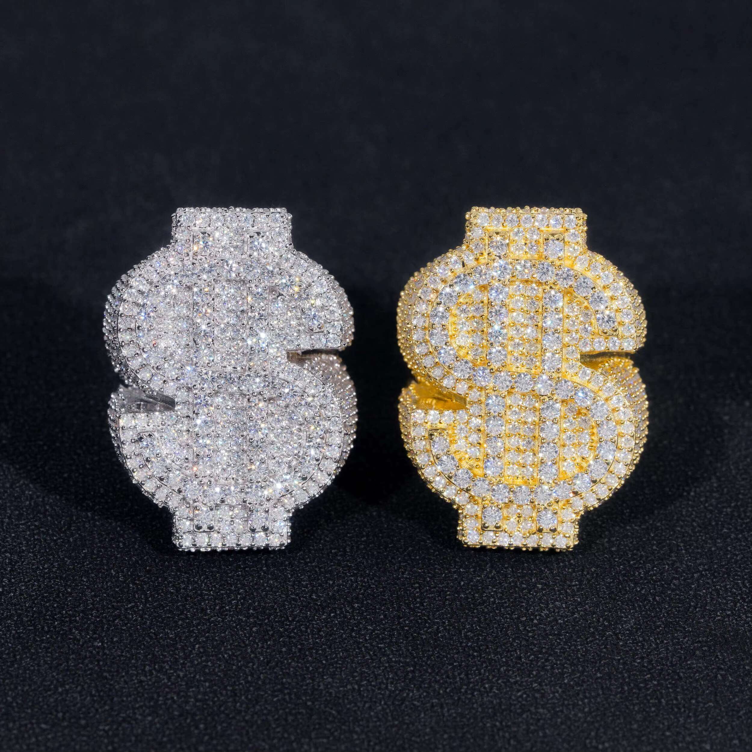 Hot Selling GRA Certificate High Quality 925 Silver Gold Plated Fine Jewelry Iced Out Hip Hop Ring Moissanite Dollar Ring