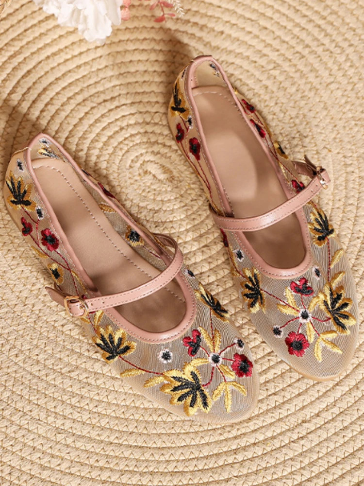 Floral Embroider Mesh Mary Janes Shoes Women Trasparent Elegant Flats Shoes Ladies Casual Summer Breathable Loafers Footwear 250603
