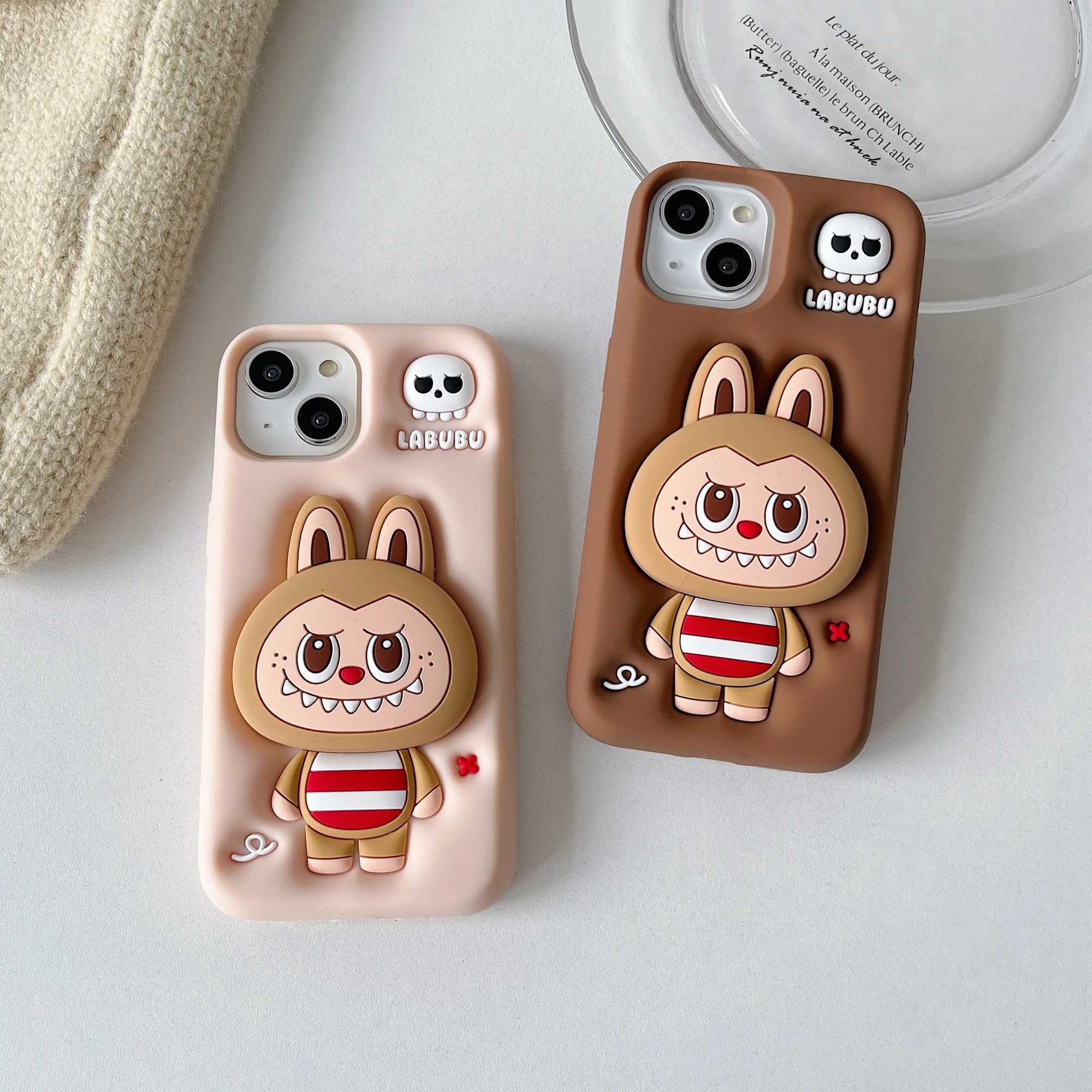 3D Cute Cartoon Stripe Labubu Soft Silicone Phone Case Back Cover For iPhone 14Plus 15Pro 11 12 13 16 Pro Max Telescopic Holder X2506051