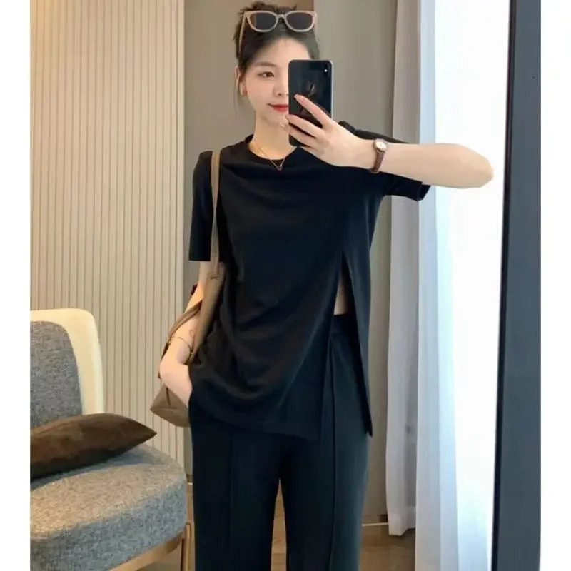 Ice Silk Wide Leg Pants Set Women Summer Korean Fashion Loose n Sense Slit Short Sleeve Top Trendy 250605Z