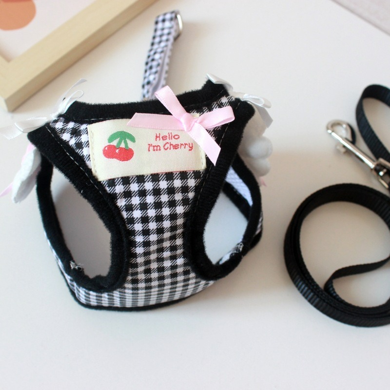 Cute Gingham Pet Harness Leash Set with Angel Wings for Small Dogs and Cats