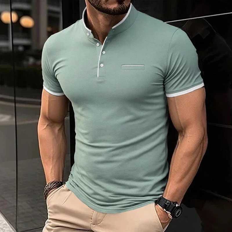 2025 New Mens Casual and Fashionable Solid Color Short Sleeved Stand Up Collar T-shirt Summer Versatile and Comfortable Top XJ250605