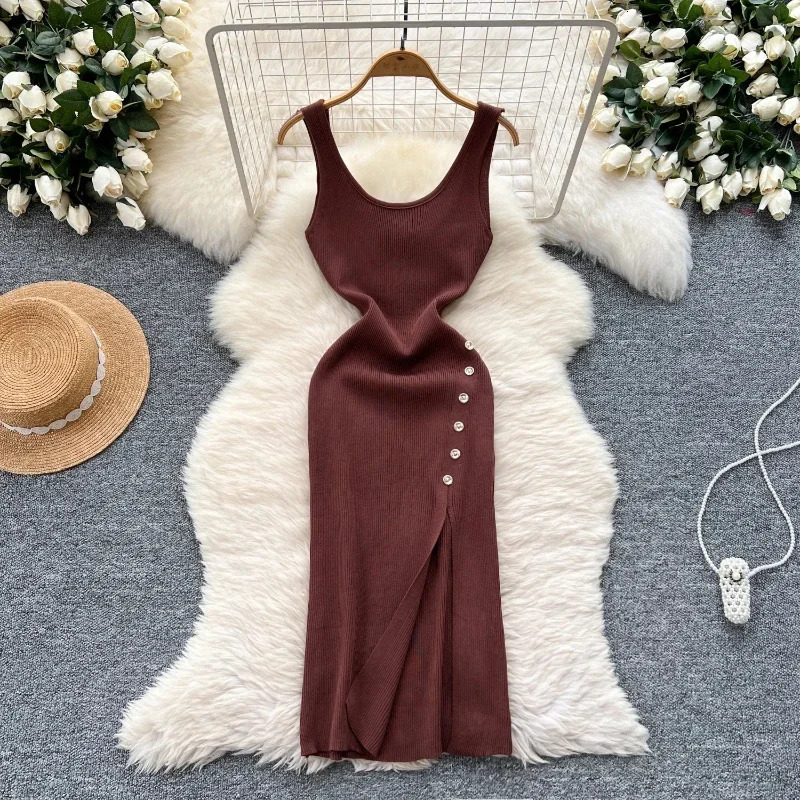 HELIAR Elastic Sexy Package Hips Knitted Long Dress Women Split Party Bodycon Summer Streetwear Outfits Dresses 250604