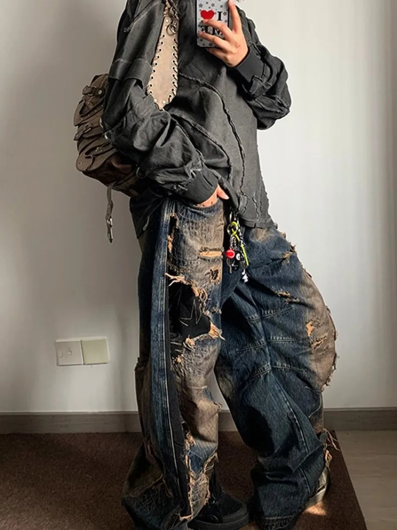 American Niche Heavy Industry Old Destructive Style Wash Jeans for Women Harajuku Fashion Retro Street Loose Casual Girl Jeans 250604