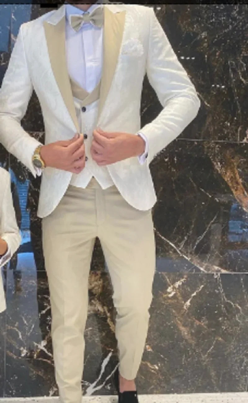 Wedding Suits Groom White Floral Tuxedo Slim Fit Men Prom Suit Full Gentleman Costume 3 Pieces JacketVestPants 250530