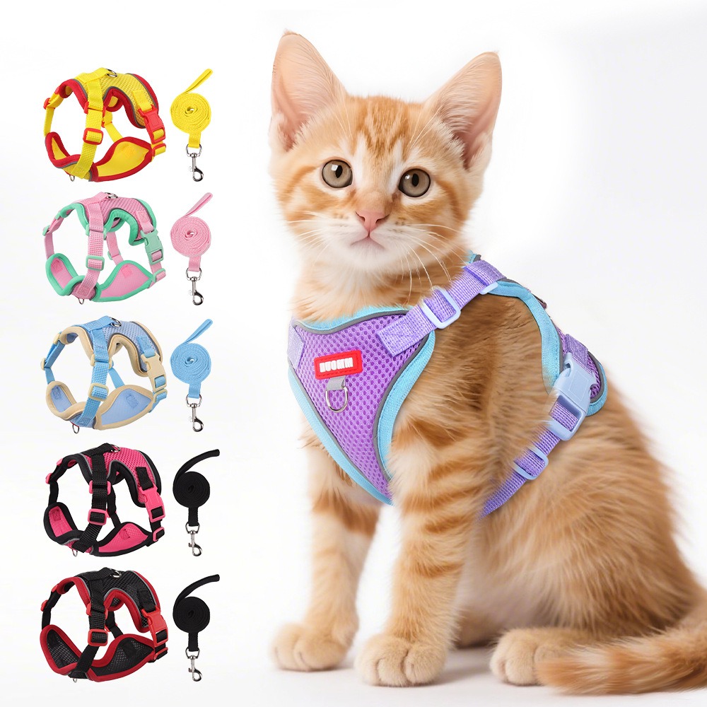 Adjustable Breathable Mesh Pet Harness and Leash Set for Cats & Small Dogs with Reflective Strips