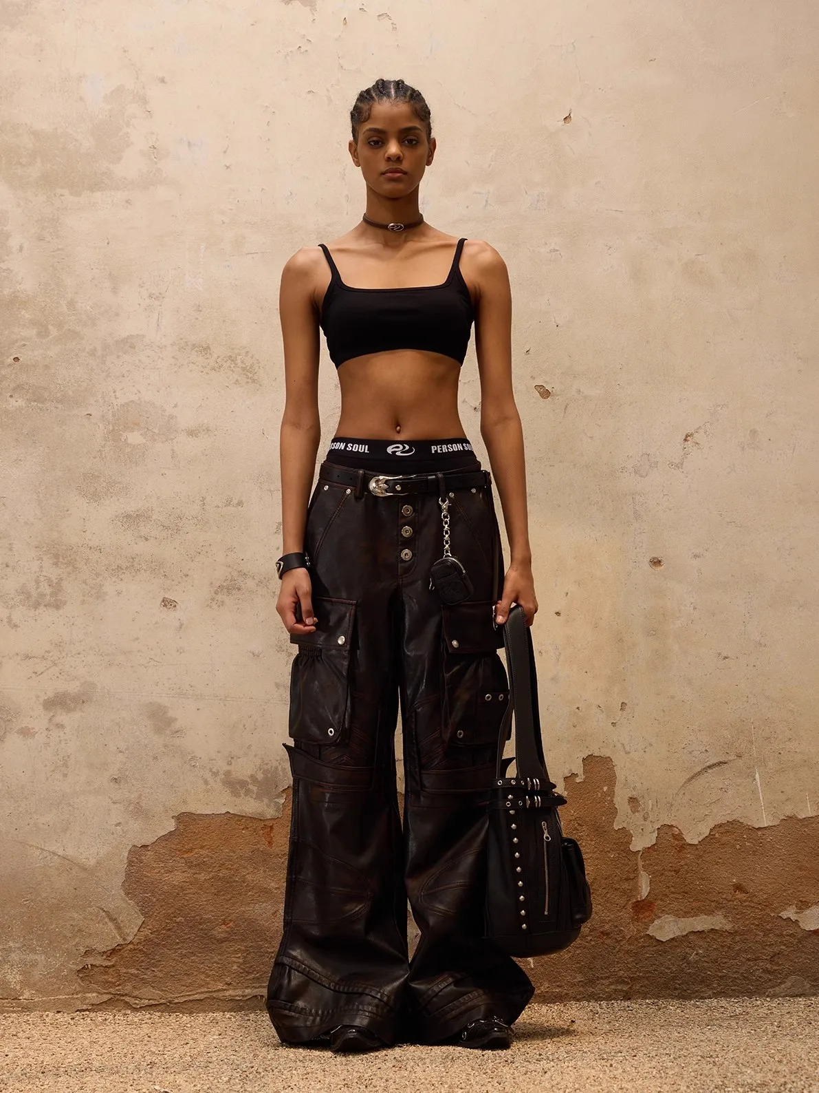 Lautaro Spring Autumn Cool Baggy Distressed Pu Leather Wide Leg Cargo Pants for Women y ner Emo Punk style Clothing 250604