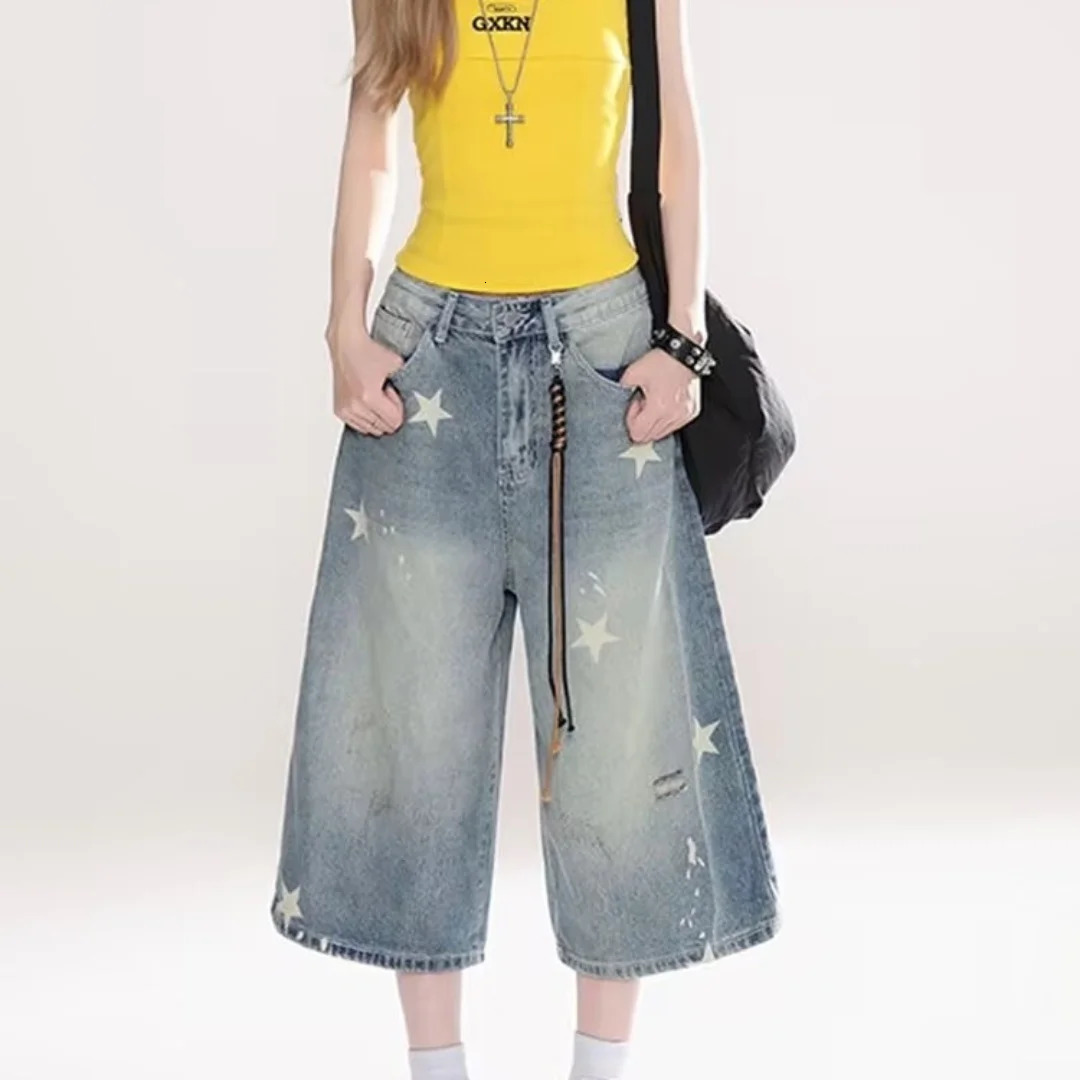 DM American Vintage Washed Star Denim Shorts Y2k High Waist Straight Wide Leg Jeans Loose KneeLength Pants 250604