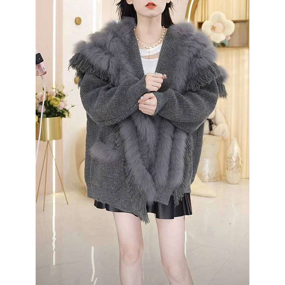 Women Autumn Real Knitting Oversize Fox Fur Decoration Lady's Fashion Cardigan Sweater Coat