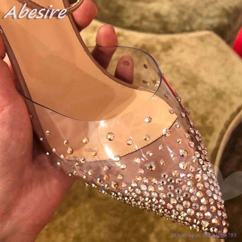Abesire New PVC Sandals Pointed Toe Buckle High Heels Summer Shoes For Women Stilettos Clear Crystal Pumps