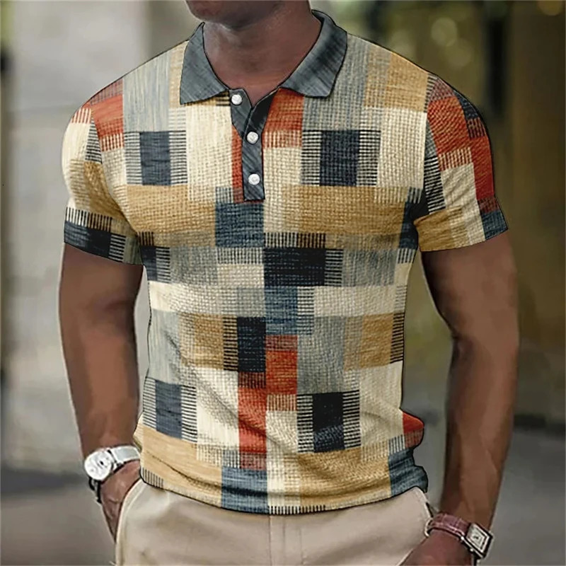 Vintage Splicing Striped Plaid 3D Printed Polo Shirts For Men Clothes Fashion Women Streetwear Block Graphic POLO Shirt Y2k Tops 250527
