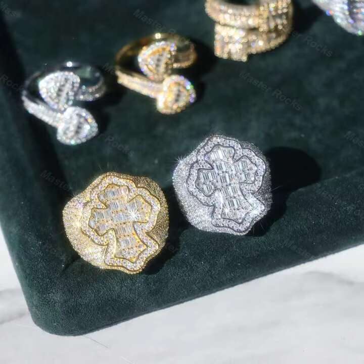 Moissanite Ring Men 925 Sterling Silver Pass Diamond Tester Iced Out Rock Baguette Ring Gold Plated Moissanite Hip Hop Ring