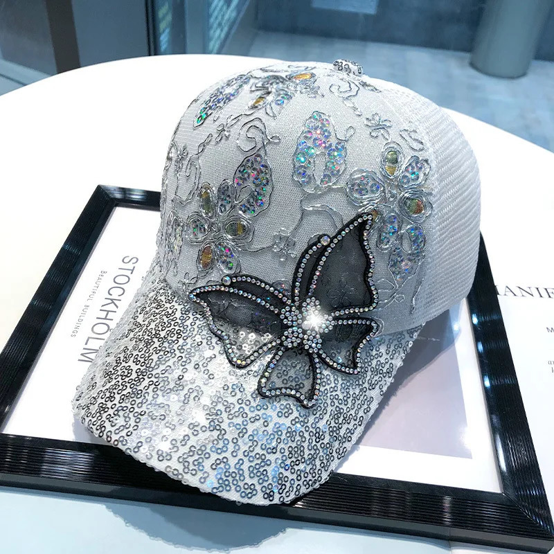 Womens Summer Sunshade Hat with Mesh and Diamond Set Butterfly Baseball Hat Fashionable Sunscreen Sun Duck Tongue Hat 250603