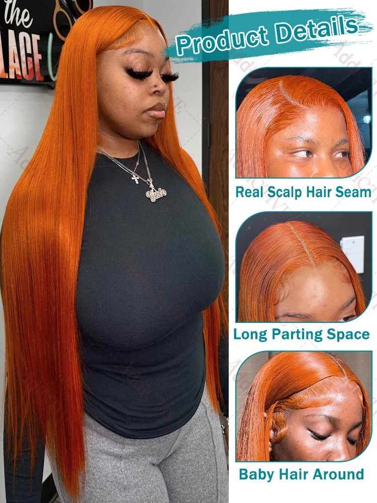 220 32 36 Inch Ginger Orange Bone Straight 13x6 Lace Front Human Hair Wig 13x4 HD Transparent Lace Frontal Wigs Synthetic