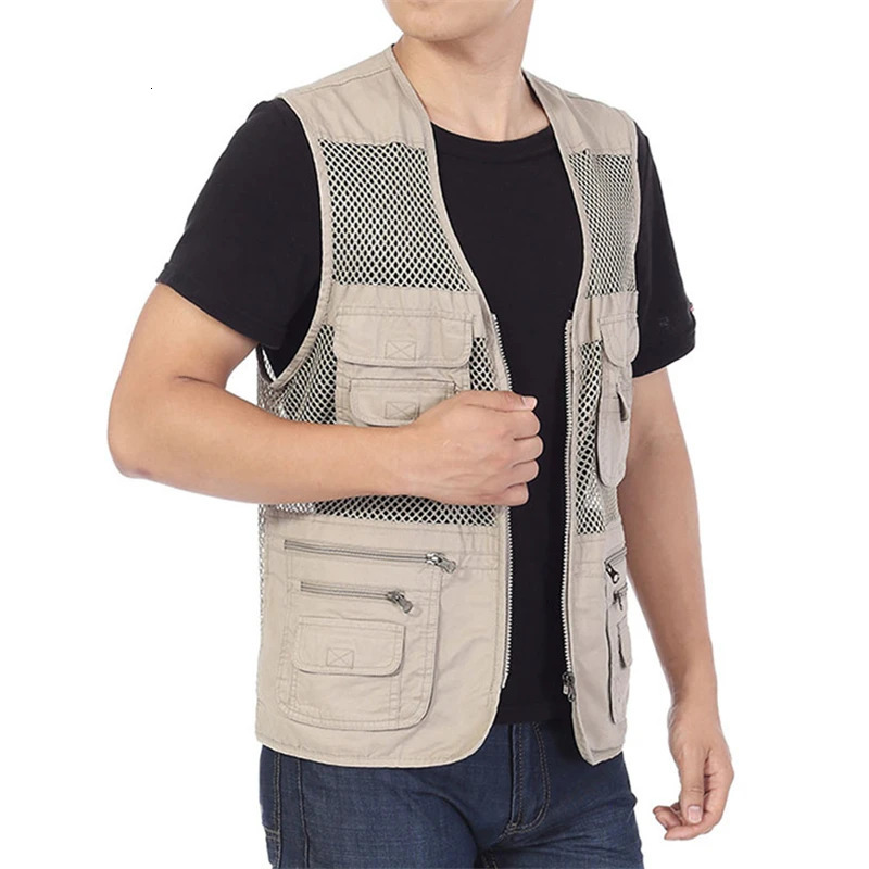 Large Size Mens Mesh Loose Vests MultiPockets Zipper QuickDrying Casual Male Outdoor Jacket Sleeveless Breathable Waistcoat 250605Z