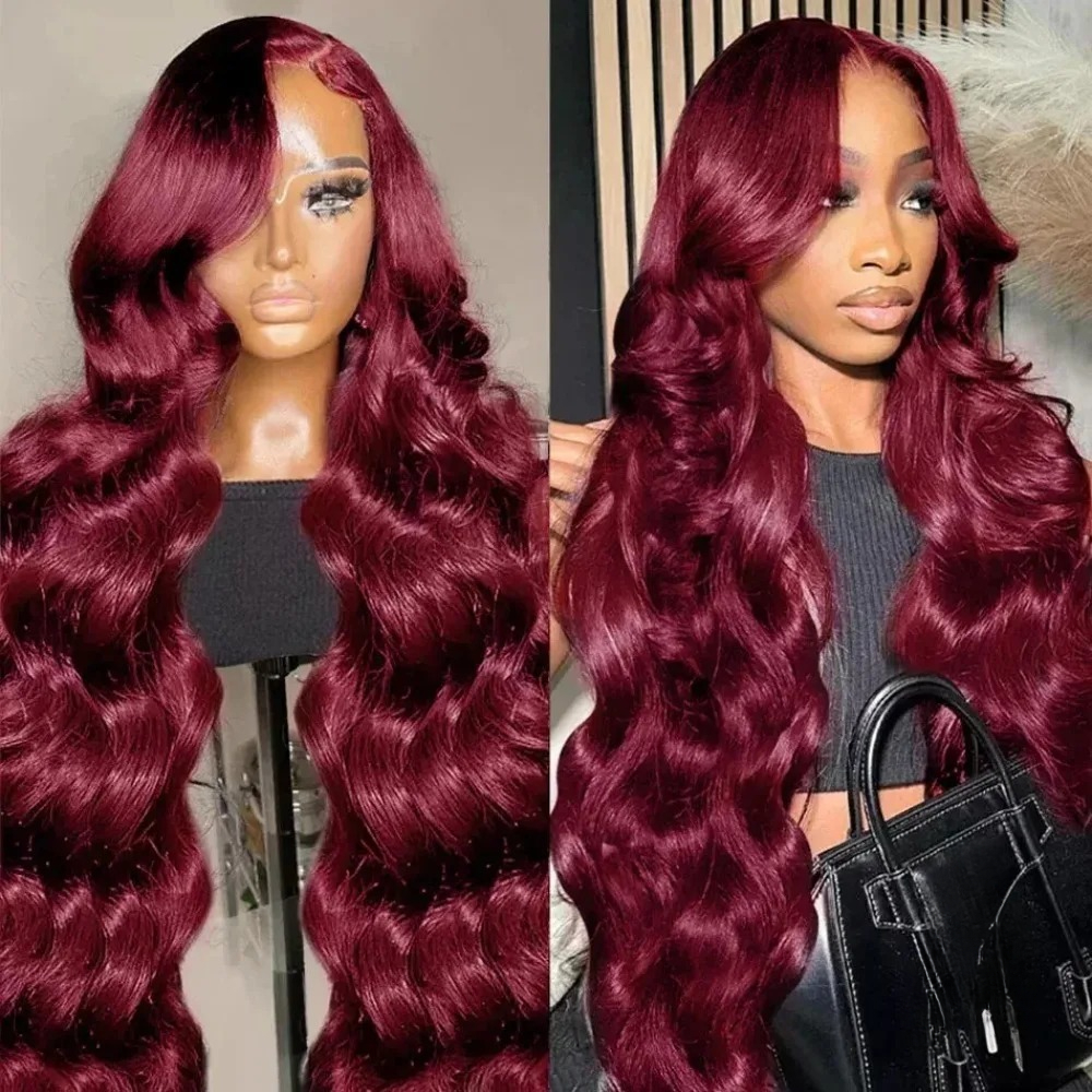 99J Burgundy Lace Frontal Wig 13x6 Body Wave Lace Front Wig HD Transparent Lace Frontal Wig Human Hair Pre Plucked 99j Red Color Synthetic