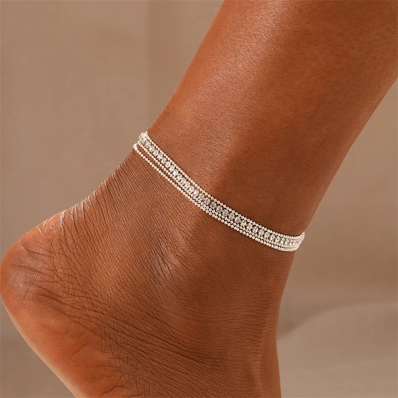2024 Summer Gold Color Anklets For Women Stainless Steel Firga Chain Feet Jewelry Layered Link Chain Accessory 250528