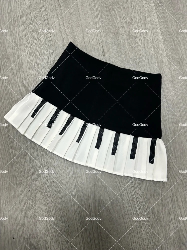 Spring Black White Spliced Women Short Skirt 2025 Y2k Slim Harajuku Mini Skirt Female Empire Korea Style Chic Piano Skirt 250605