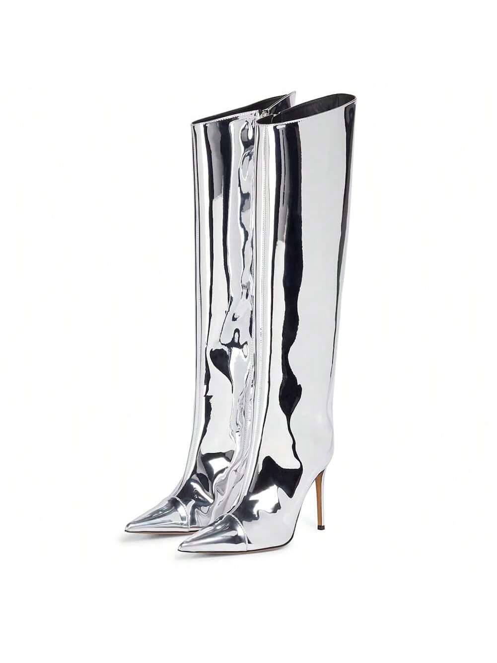 Arqa Metallic Boots for Women Pointed Toe High Stiletto Heel Knee High Boot Fashion Chrome Zipper Boot Dressy Party Shoes