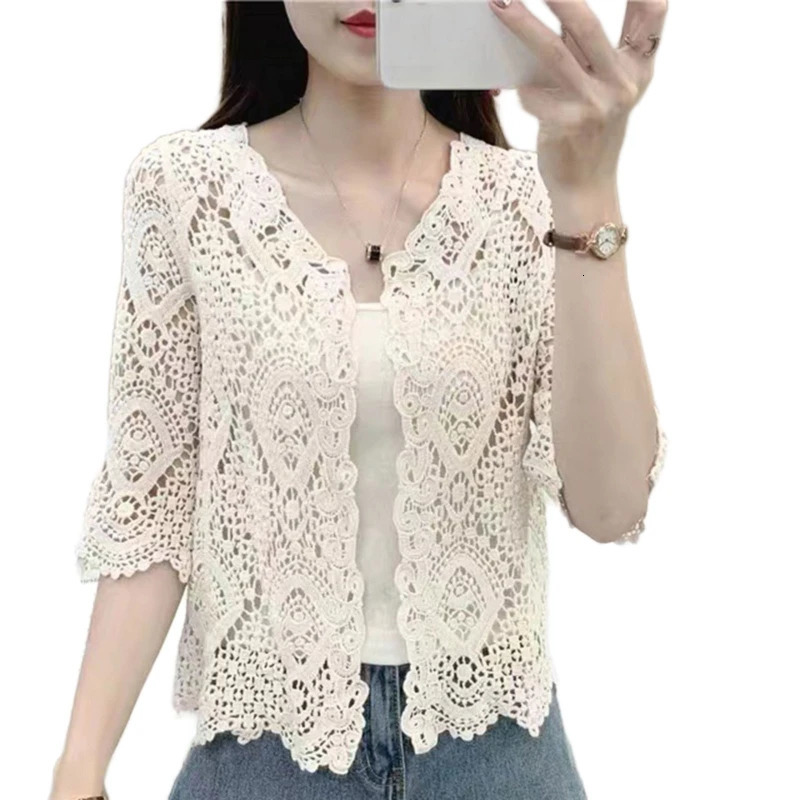 Women Knitted Lace Shrug Boho Hollow Crochet Floral 34 Sleeves Open Front Cropped Cardigan Elegant Mesh Sweater Coveup 250530