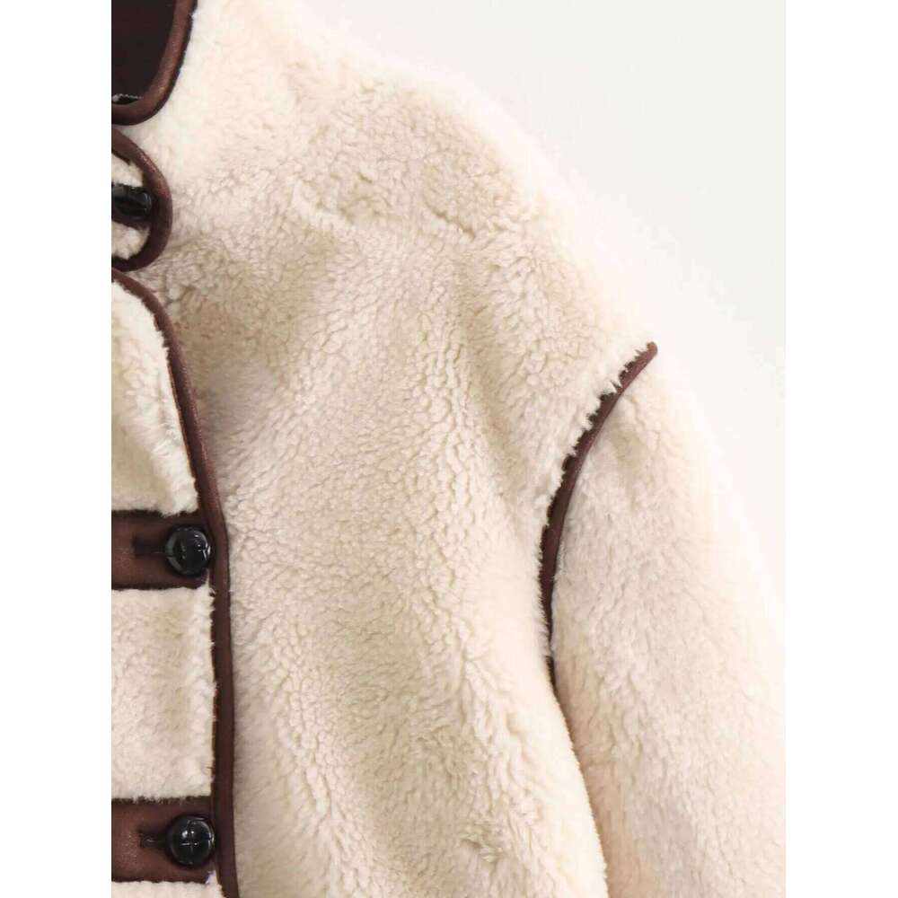 New Fashion Thick Warm Loose Single Breasted Stand Neck Fleece Retro Long Sleeve Side Pocket Women's Coat Chic Top