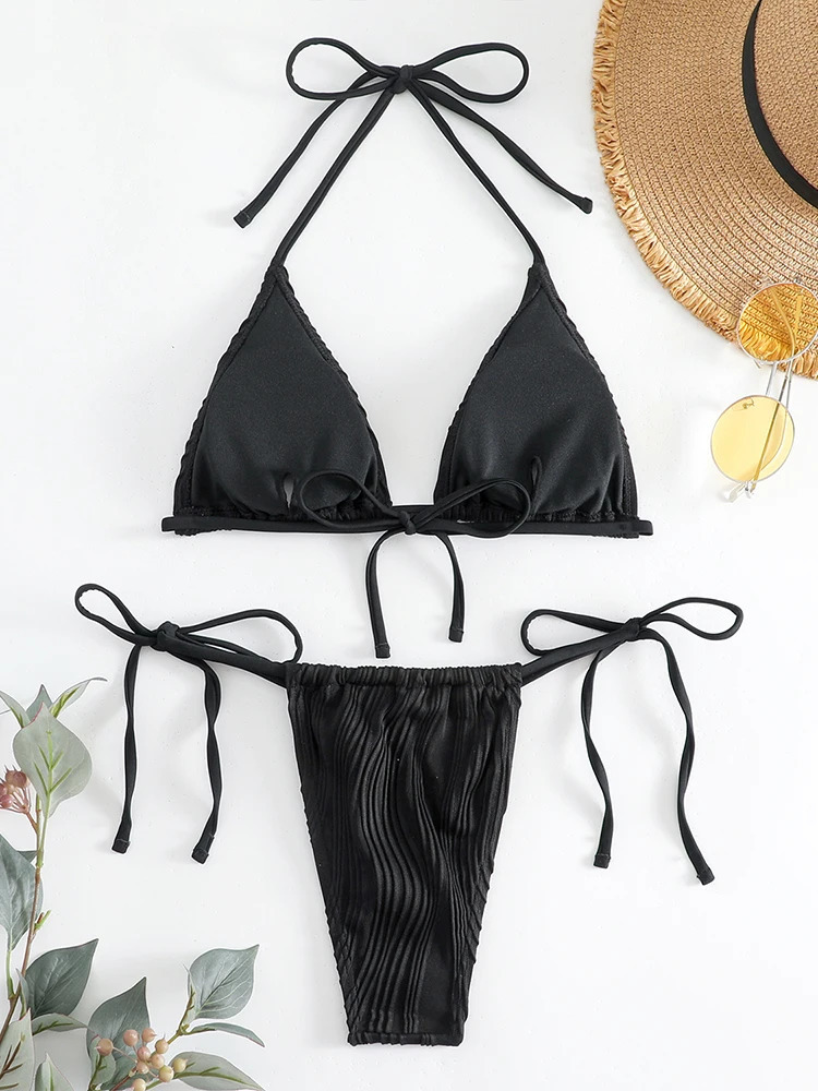 OIINAA Pleated Bikini Set Women Sexy Swimsuit Halter Lace Up TwoPiece Backless Female Swimwear Bathing Summer Fashion Beachwear 250604