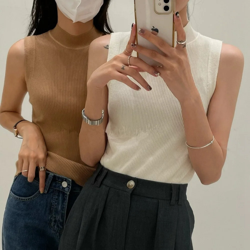 Womens Vest Tank Top Solid Color Knitted T-Shirt Spring Autumn Sleeveless Cropped Top Camisole Soft Half-turtleneck Sweater 250529