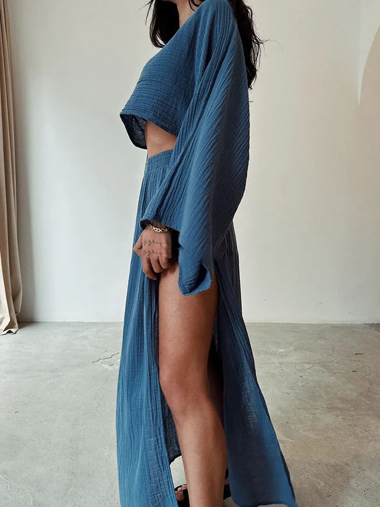 Summer Fashion Cotton Linen Skirt Suit Women O Neck Top Side Long Slit Skirts 2 Piece Set Y2k High Street Casual Loose Outfit 250605Z