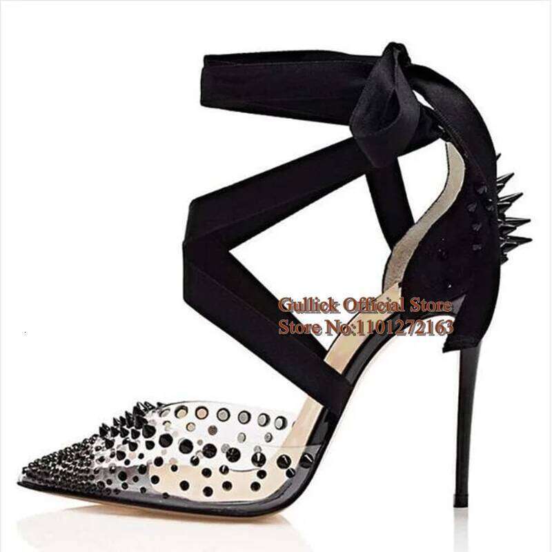 Sexy Black Rivets Spikes High Heels Lace Up Clear PVC Transparent Pointed Toe Banquet Studded Party Shoes Size 42