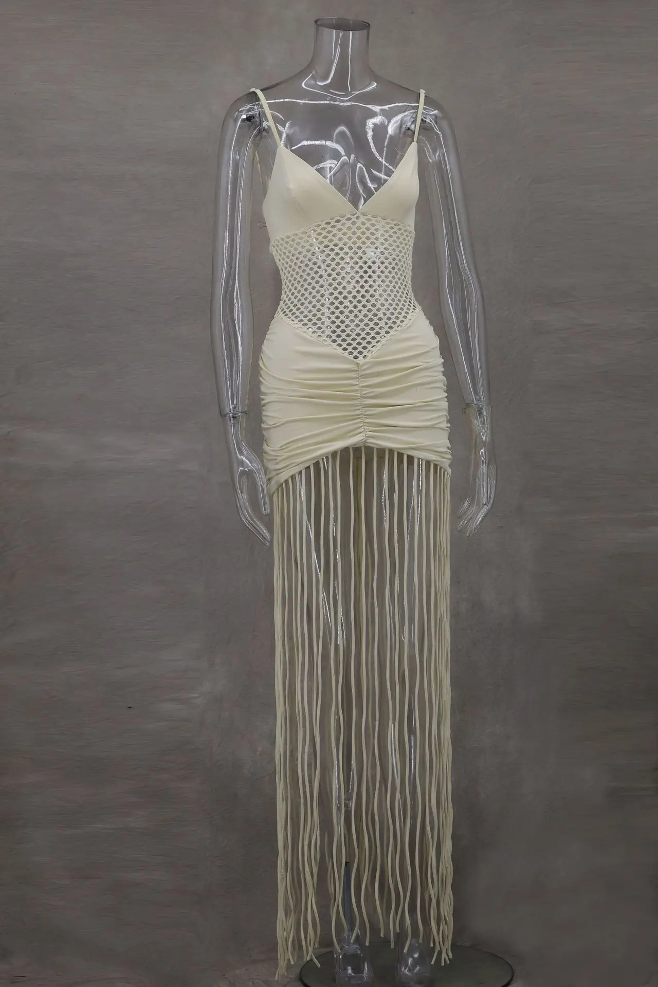 VEITCHE Summer Sexy Hollow Out OffShoulder Mesh Wrap Women Long Dress Pleats Hem Tassel Slim Fit Beach Party Dress 250604