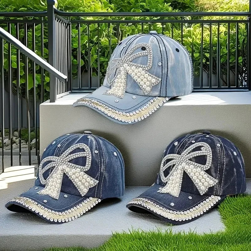 Adjustable Denim Baseball Caps with Pearl-Embellished Bow Sun Protection Handmade Diamond Stitching - Versatile Hats 250603