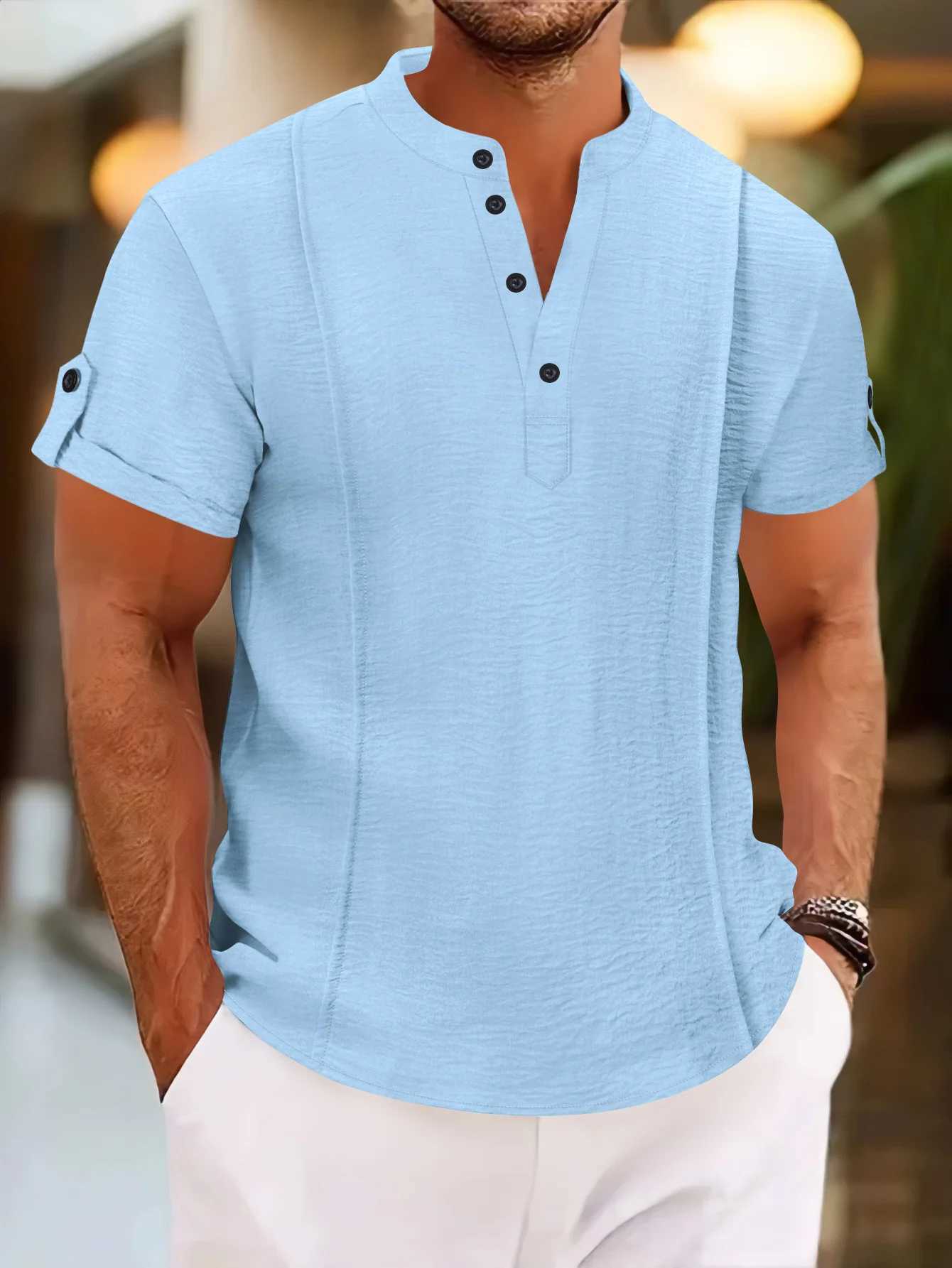 Mens Summer New Style Standing Collar Short-Sleeved Polo Shirts Double Button Front Casual Outdoor Beach Wind Solid Color Tops XJ250605