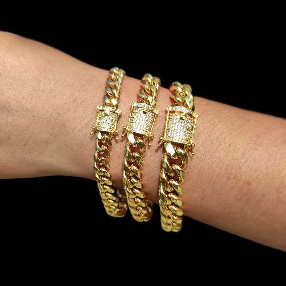 10mm Gold Bracelet Double Sided Iced Clasp 18K Gold Plated Stainless Steel Chain Bracelet Cuban Bracelet Women