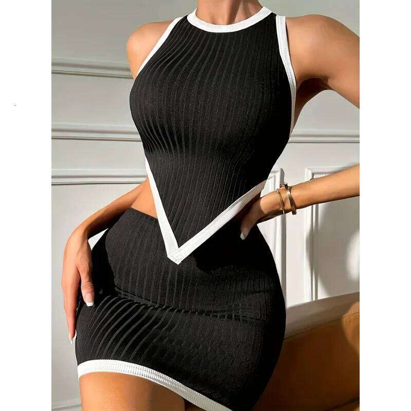 Elegant Handkerchief Hemmed Vest And Tight Mini Skirt Set with Color Block Trim Cross-Border Independent Station