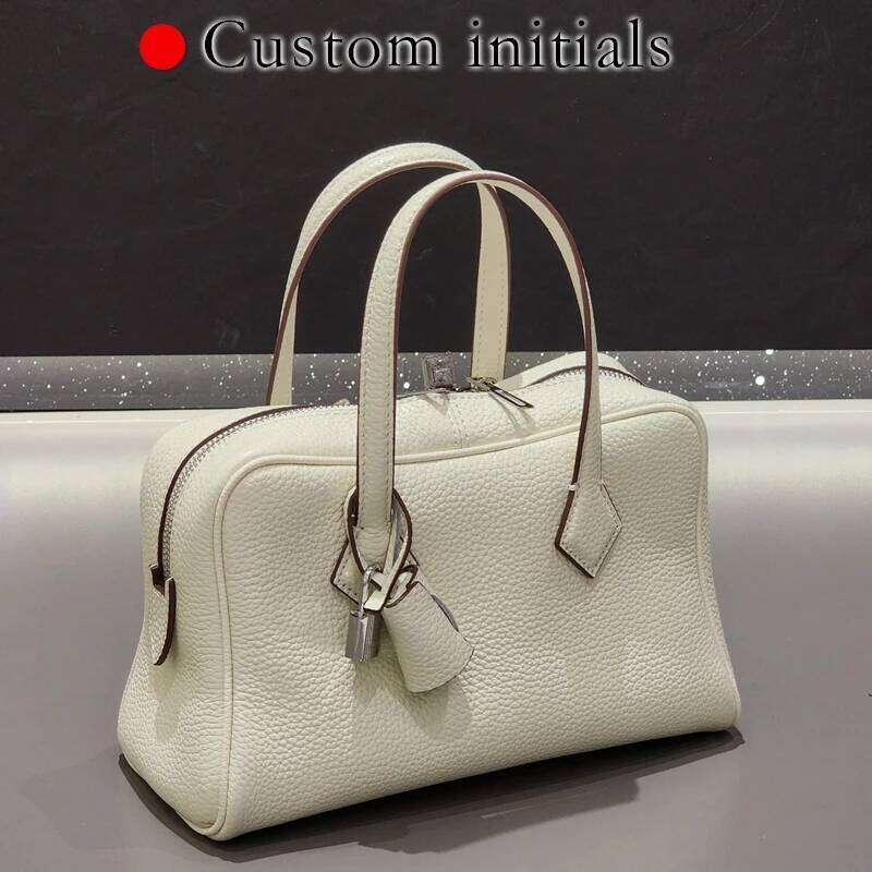 Women's Bags Designer Custom Initials Natural Cowhide Bowling Bags For Women Designer Handbags Purses New In Lock Top Handle Shoulder Bag