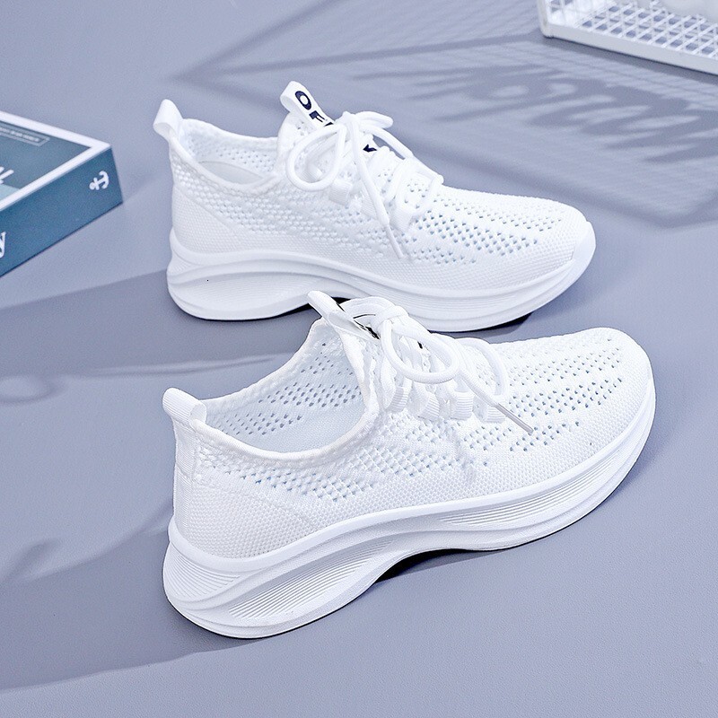 Flyknit Casual Shoes Women S Spring New Korean Style Mesh Breathable White Sneakers Outdoor Comfortable Simple Lightweight Thick Soled Sports Shoes Dd