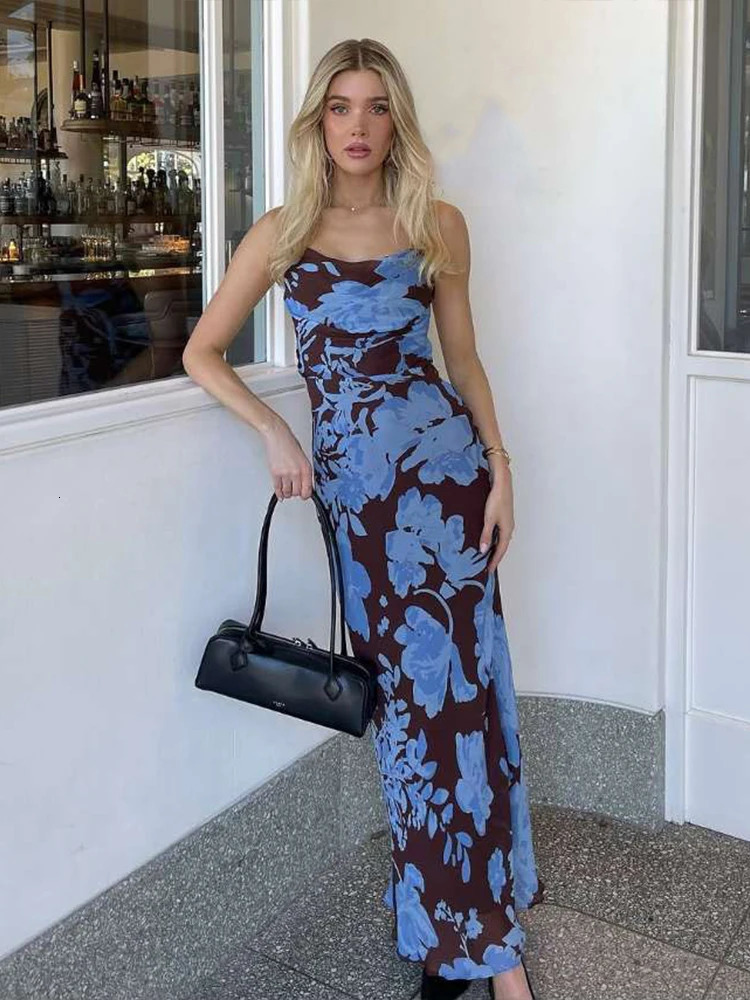 Sisterlinda Summer Release Junior Fashion Sexy High Street Long Dress K25D70027 Girl Printing Halter Slim Cleavage Backless Robe 250604