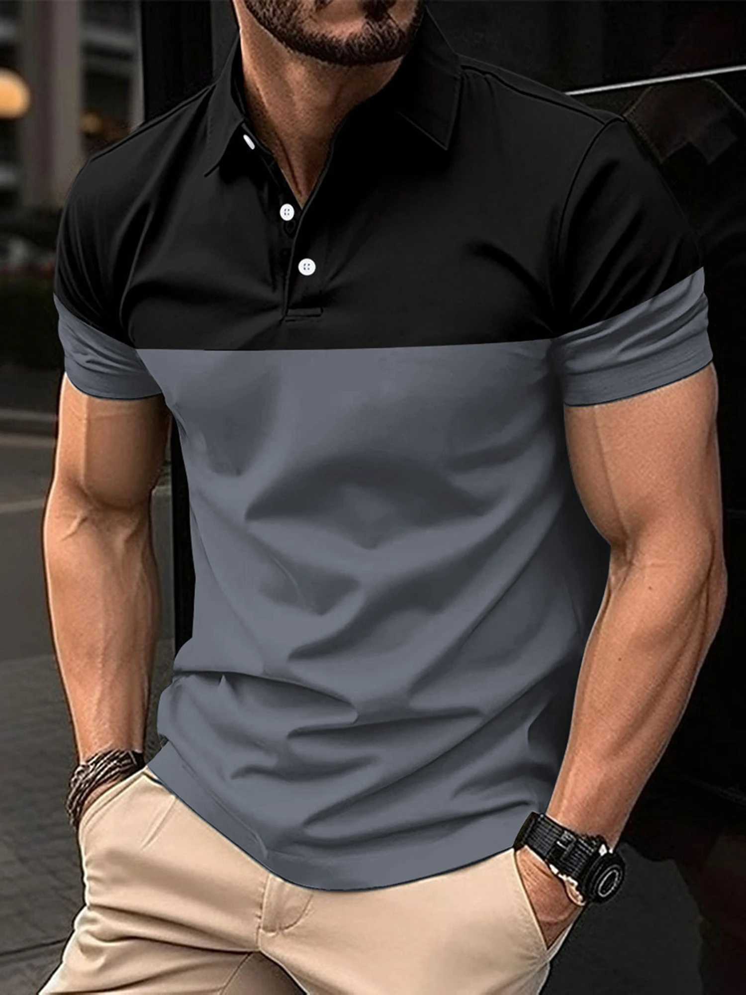 Casual Mens V Neck T-Shirt with Button Lapel and Stylish Contrast Color Design Perfect for Summer Outfits XJ250605