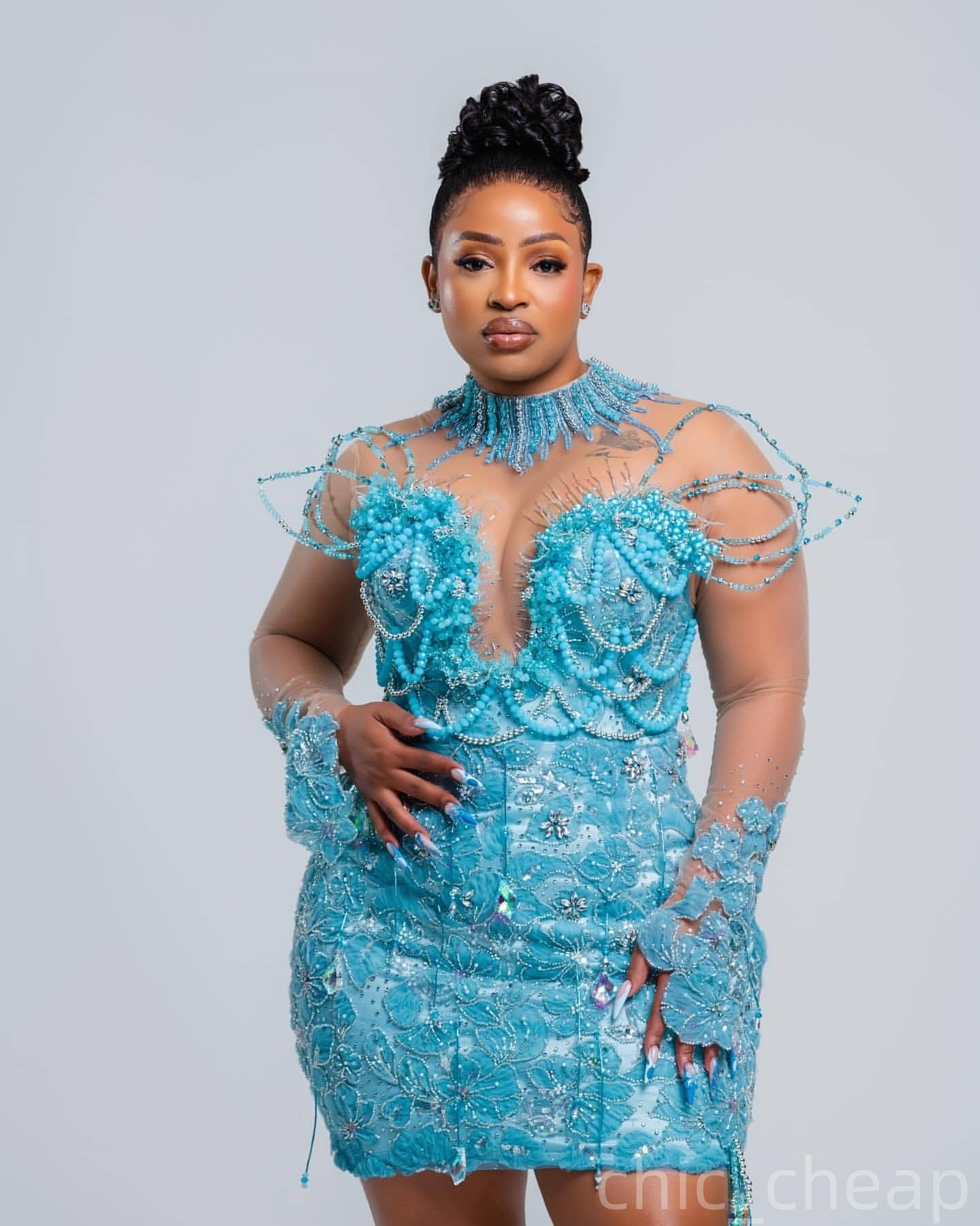 Sky Blue Sheath Cocktail Dress Pearls Crystals Floral Lace Full Sleeves Short Mini Graduation Homecoming Dresses For Special Occasions Sweetheart Gown