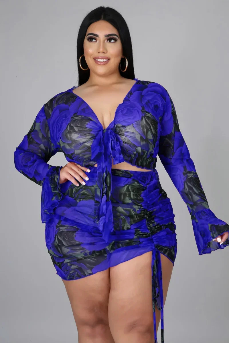 KEXU Sheer Print Mesh Women Plus Size Set Full Flare Sleeve Bandage Crop Tops Shirring Skirts Two Piece Sets Sexy Outfit Summer 250603