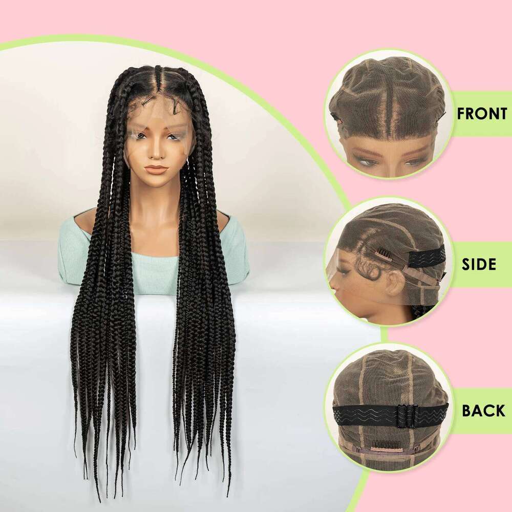 36 Inches Jumbo Braided with Baby Full Lace Synthetic Wigs Black Long Braids Hair Wig Box Braid Knotless