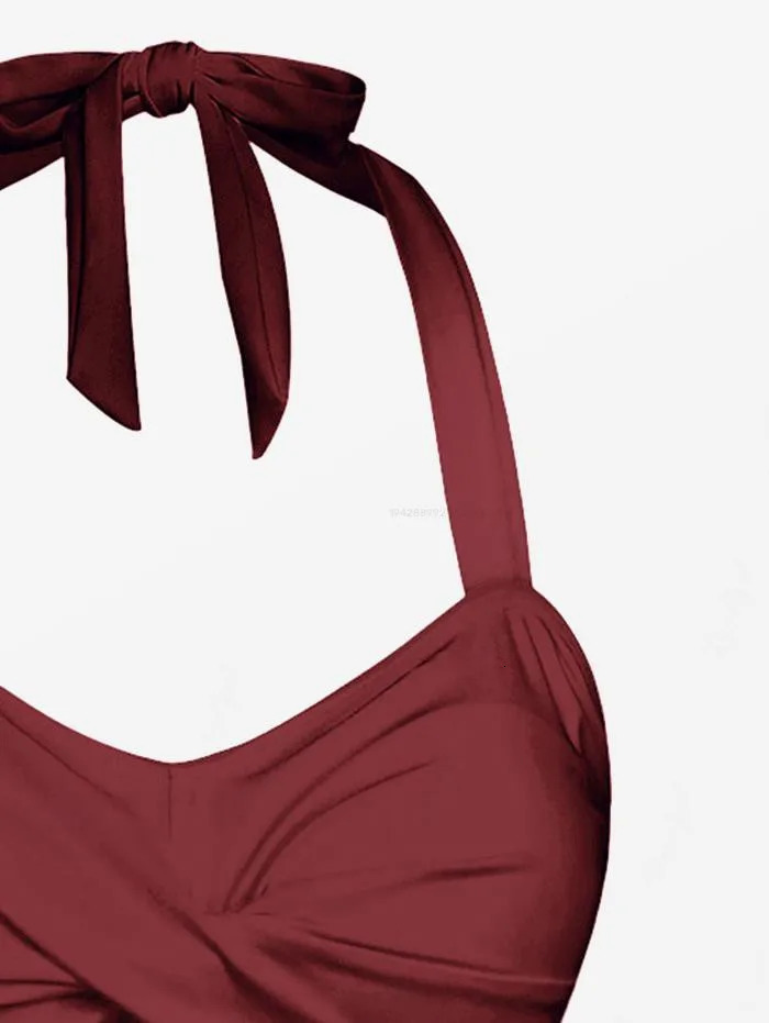 Rol plus Size Womens 1950s Retro Cherry Dots Print Halter Ruched Cinched Boyleg Tankini Swimsuit 250603