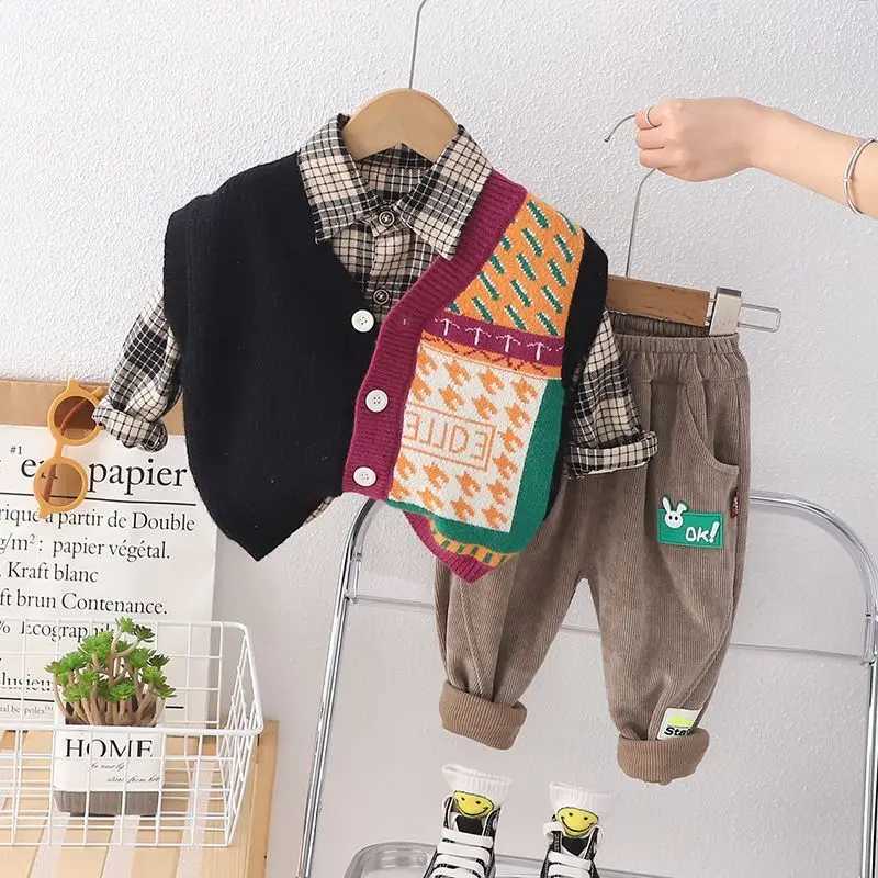 Childrens Sweat Set Korean Baby Boy Clothes 6M-5T Cartoon Knitted Vest + Plaid Shirts + Pants 3PCS Kids Boys Outfit Set R250605