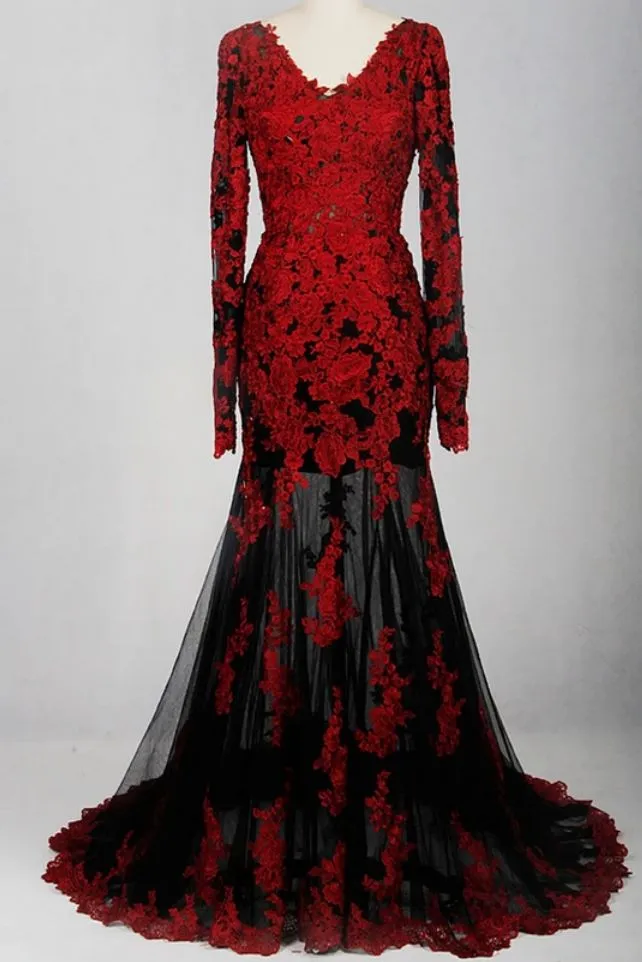 Black And Red Gothic Wedding Dresses Long Sleeves Vintage Victorian Mermaid Bridal Gown Customized Corset Lace-Up Vestido De Novia