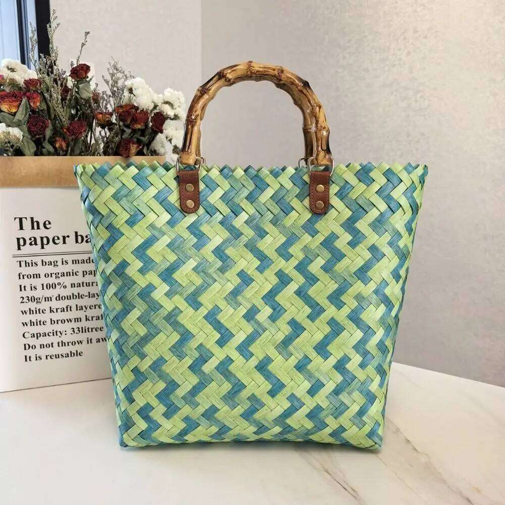 Women's Bags Designer New Retro Colorful Wicker Woven Large Capacity Bamboo Handle Casual Shopping Tote Straw Summer Vacation Beach Bag