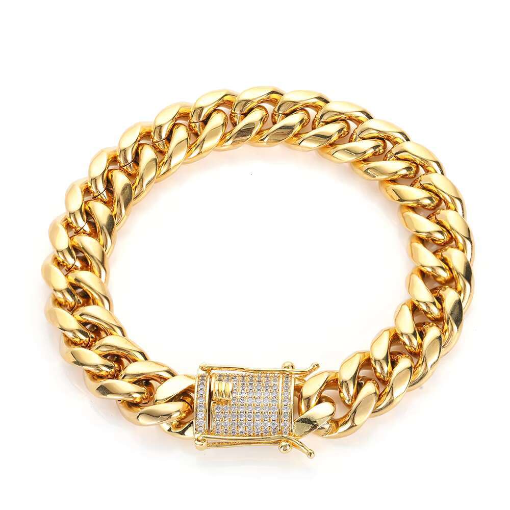 10mm Gold Bracelet Double Sided Iced Clasp 18K Gold Plated Stainless Steel Chain Bracelet Cuban Bracelet Women
