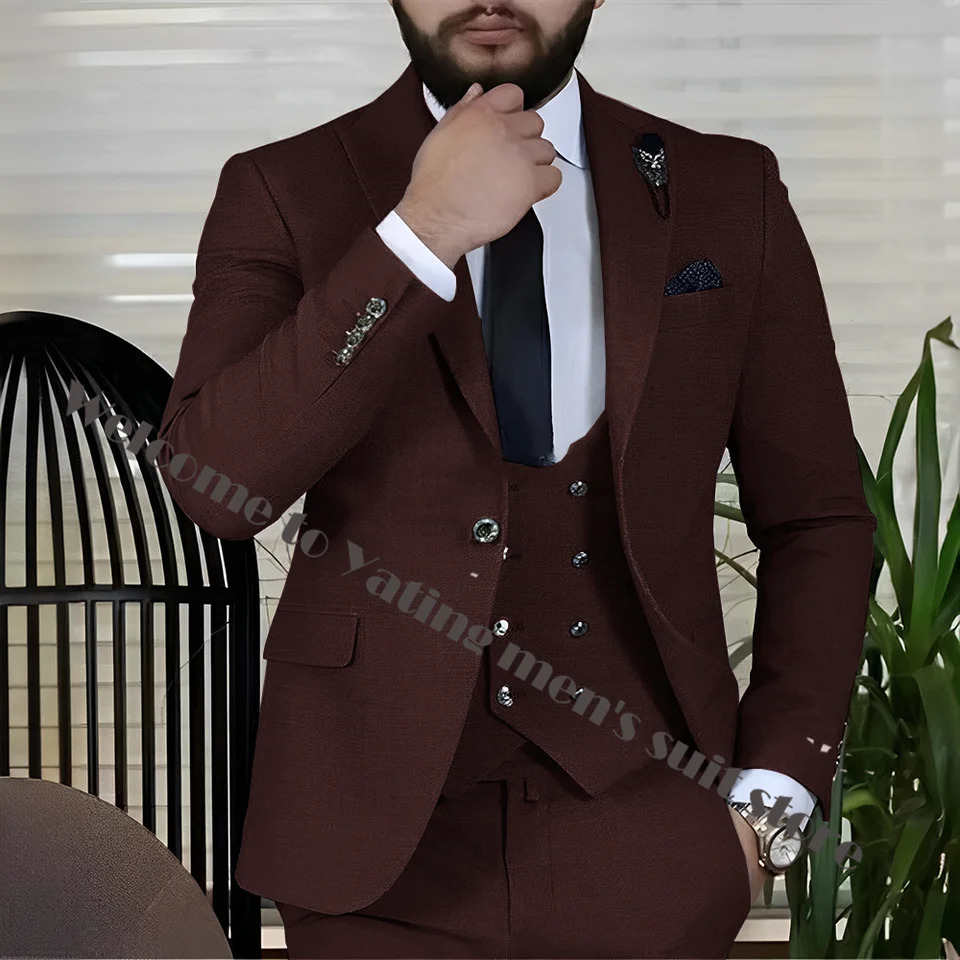 3 Piece Business Mens Suit Jacket Pants Vest Silver Button Formal Male Suit Multiple Colors Wedding Groom Tuxedo 250530
